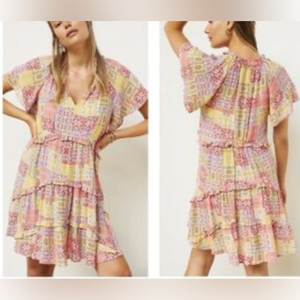Anthropologie Pink and Yellow Mini Dress